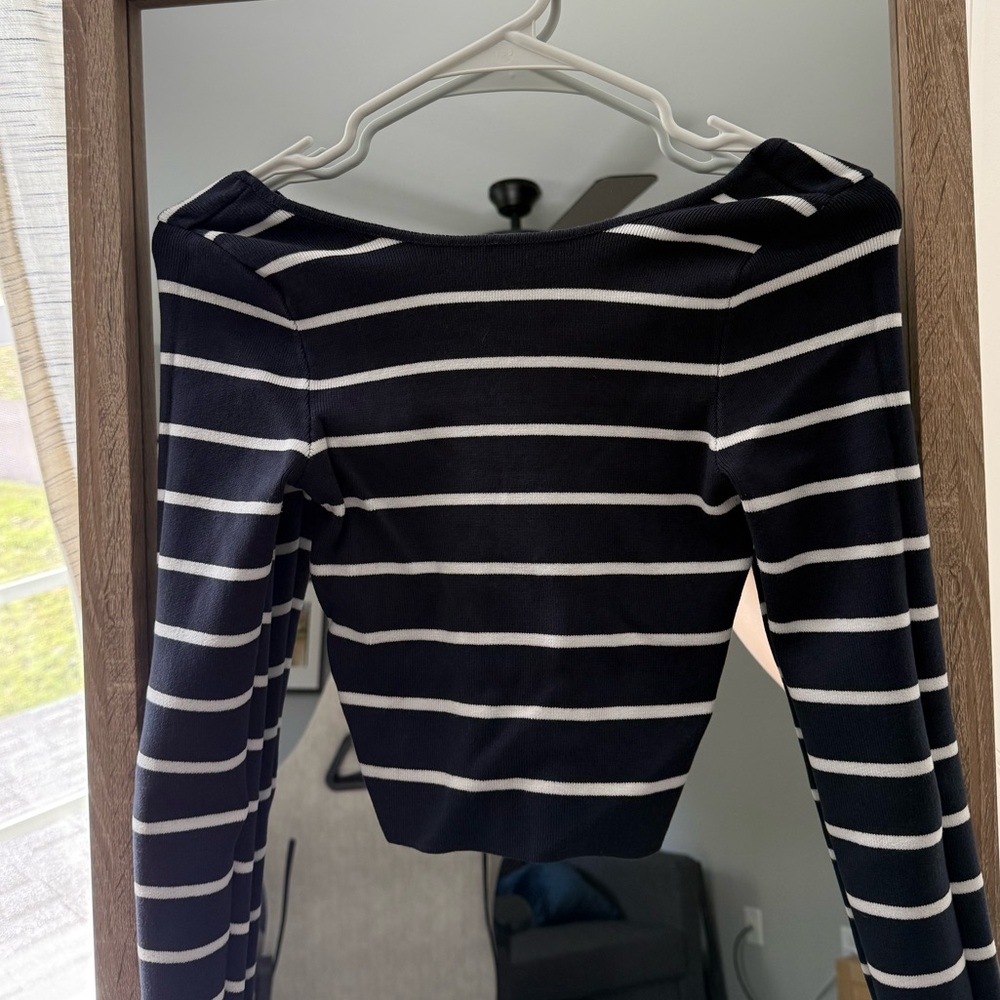 Zara Dark Blue and White Striped Cropped Top